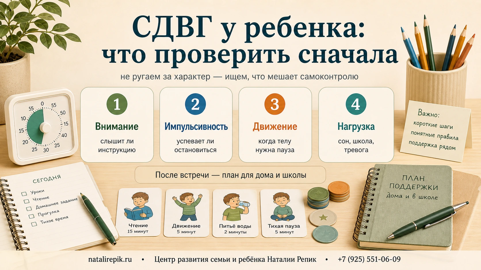 Инфографика: СДВГ у ребенка — внимание, импульсивность, движение, нагрузка и план для дома и школы