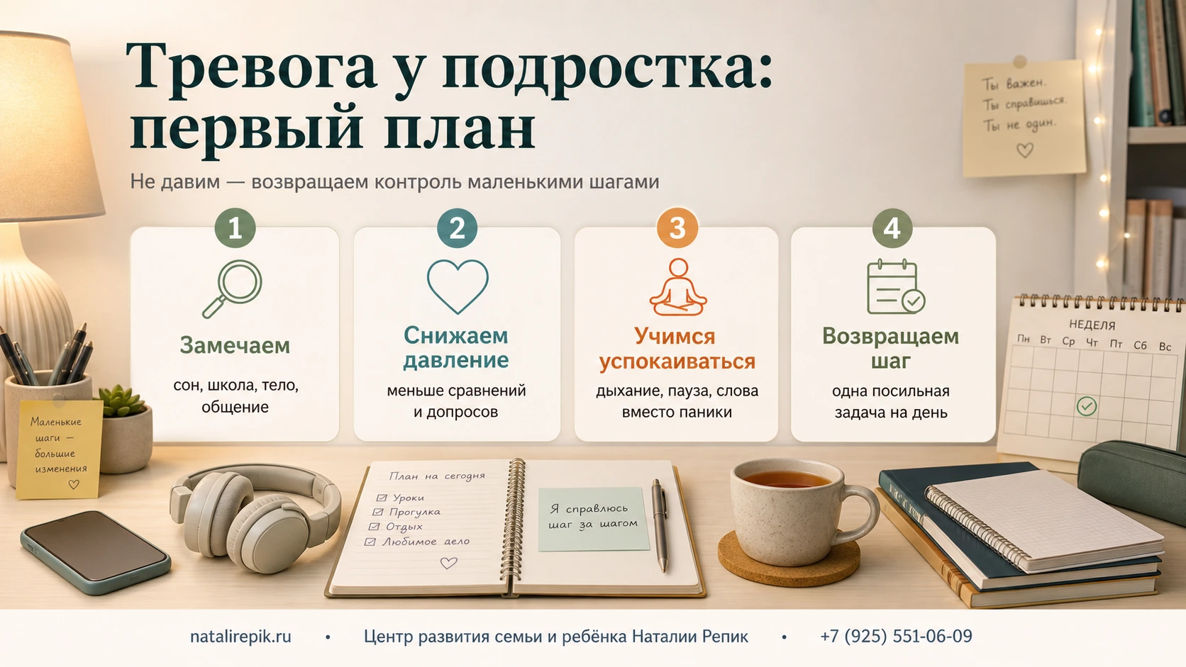 Инфографика: первый план помощи подростку при тревоге — замечаем, снижаем давление, учимся успокаиваться и возвращаем один посильный шаг