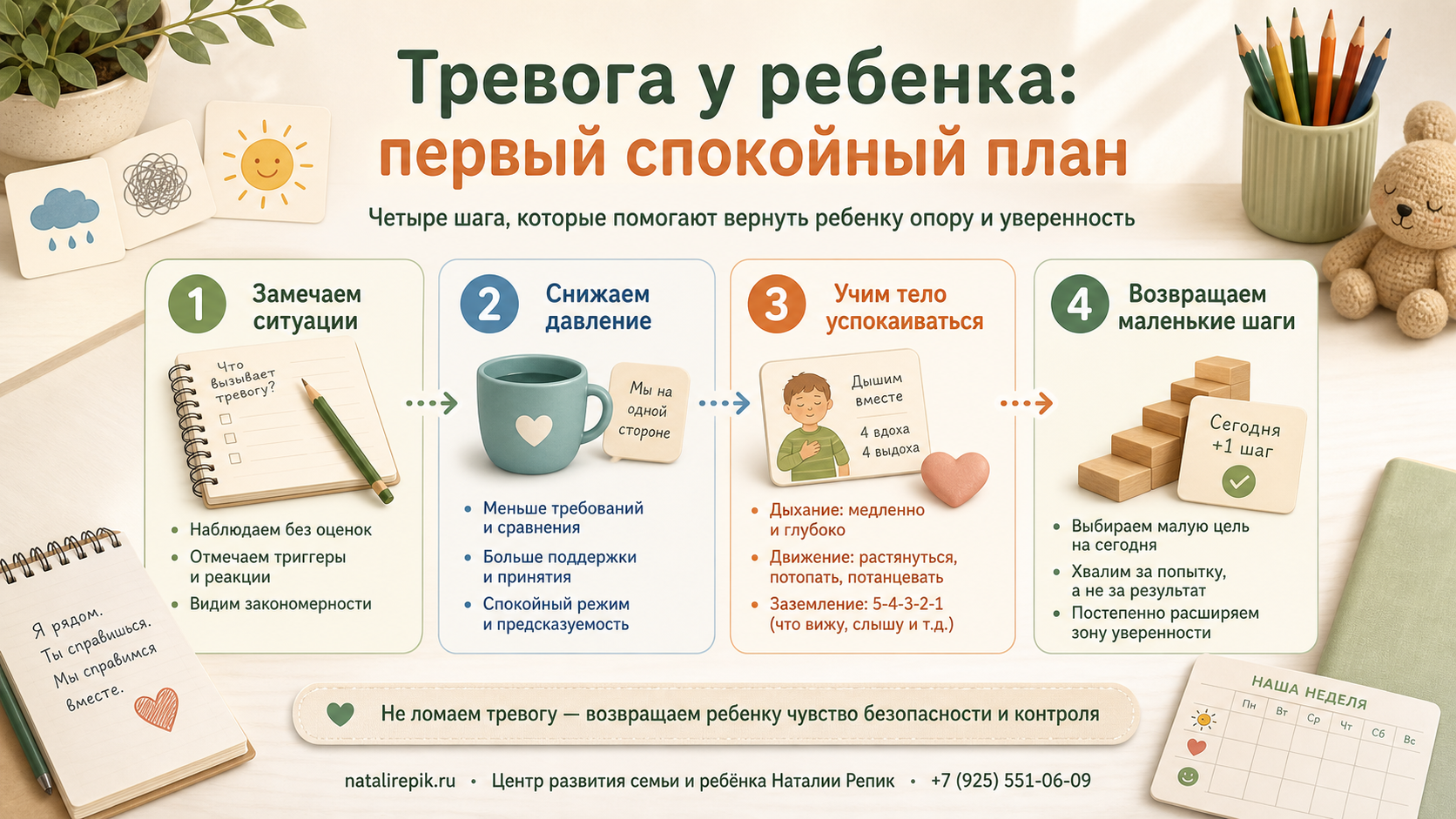 Инфографика: первый спокойный план помощи ребенку при тревоге — замечаем ситуации, снижаем давление, учим тело успокаиваться и возвращаем маленькие шаги