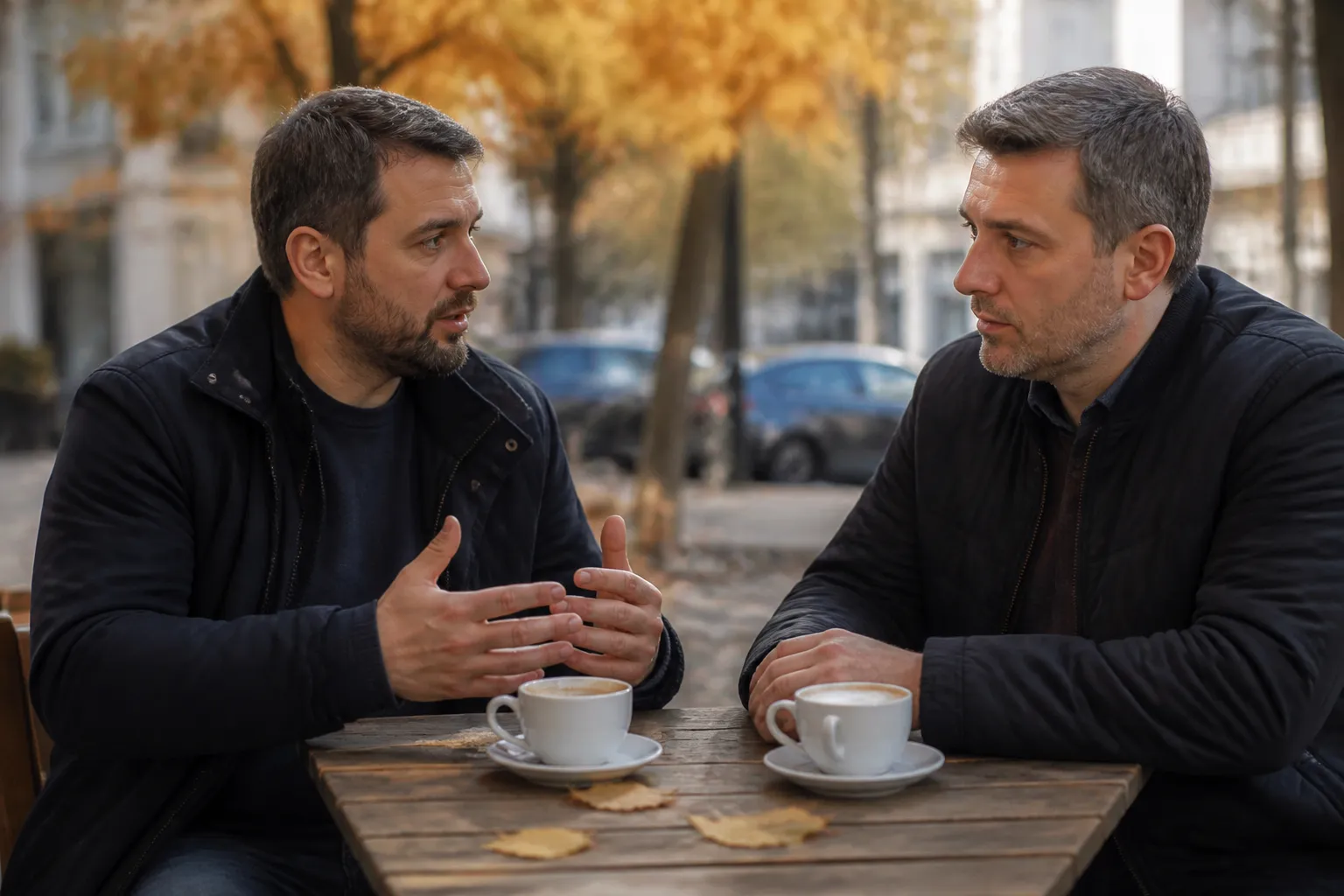 Двое мужчин за кофе на веранде: один говорит честно, другой внимательно слушает