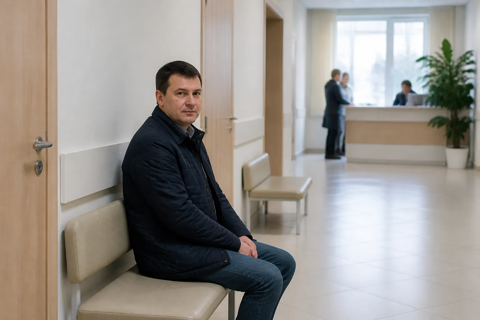 Мужчина спокойно ждёт приёма на скамье в светлом коридоре поликлиники